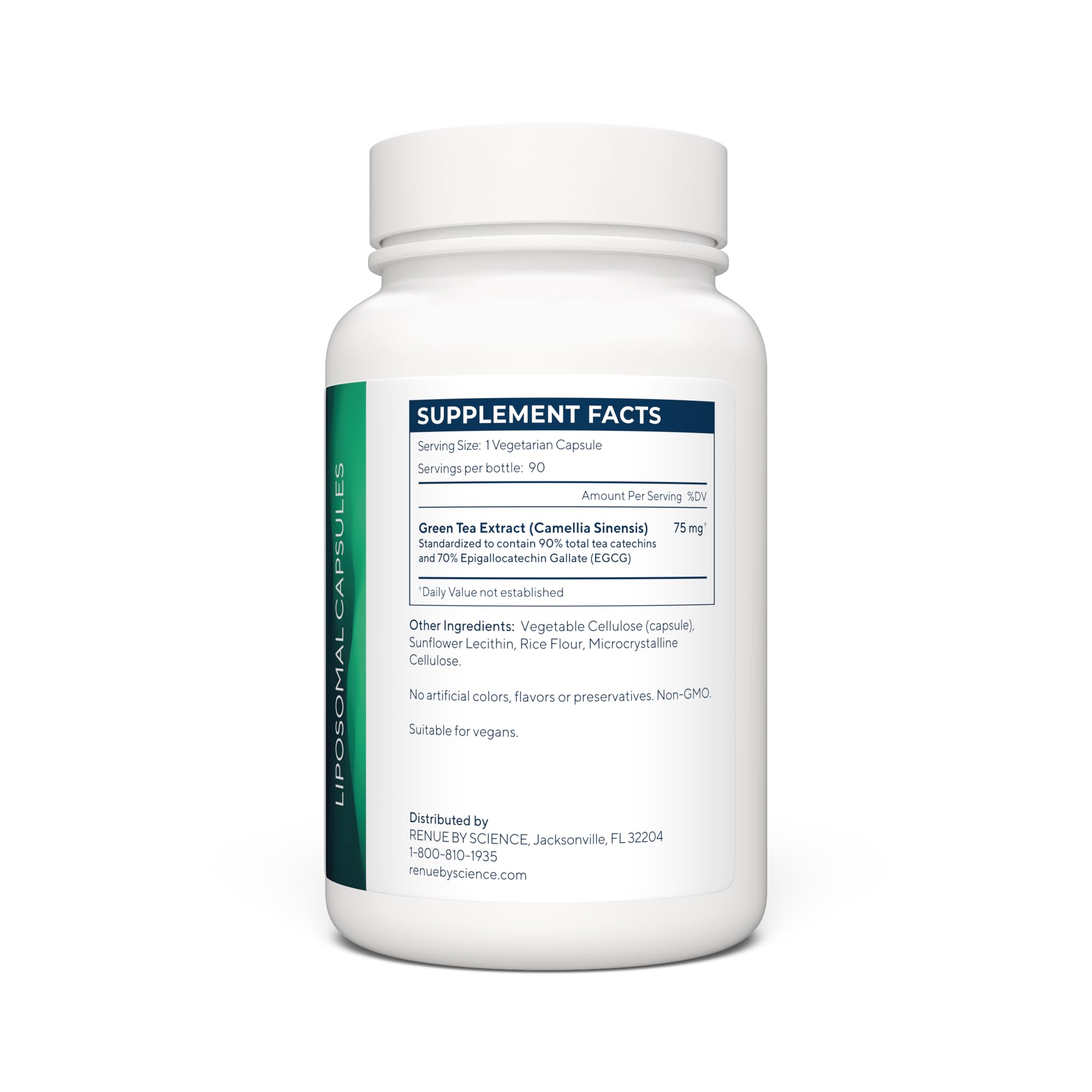 Renue By Science Green Tea Extract bottle label close-up highlighting quality and third‑party tested features.