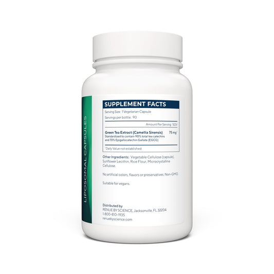 Renue By Science Green Tea Extract bottle label close-up highlighting quality and third‑party tested features.