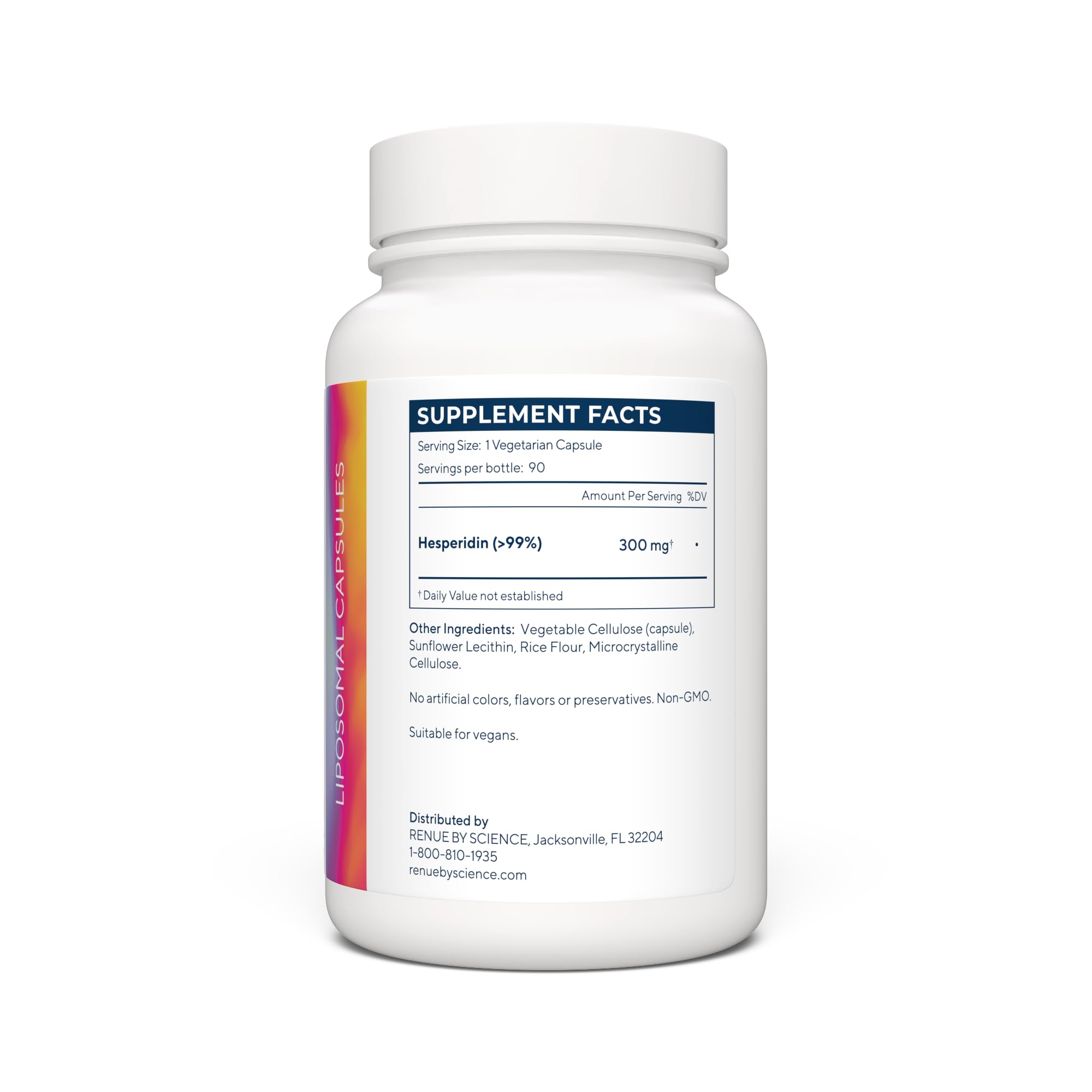Renue By Science Hesperidin label closeup shows 300 mg per serving and quality.