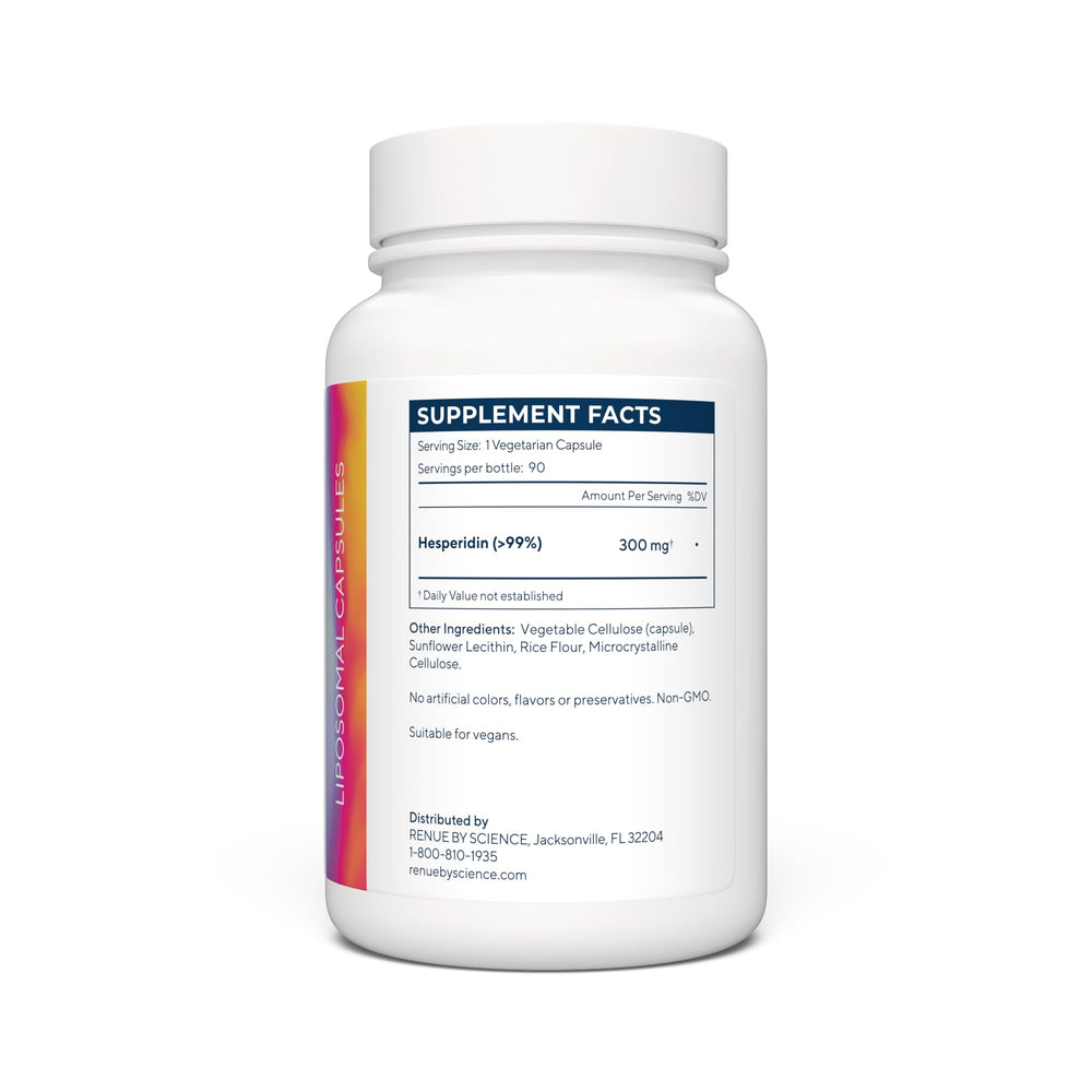 Renue By Science Hesperidin label closeup shows 300 mg per serving and quality.