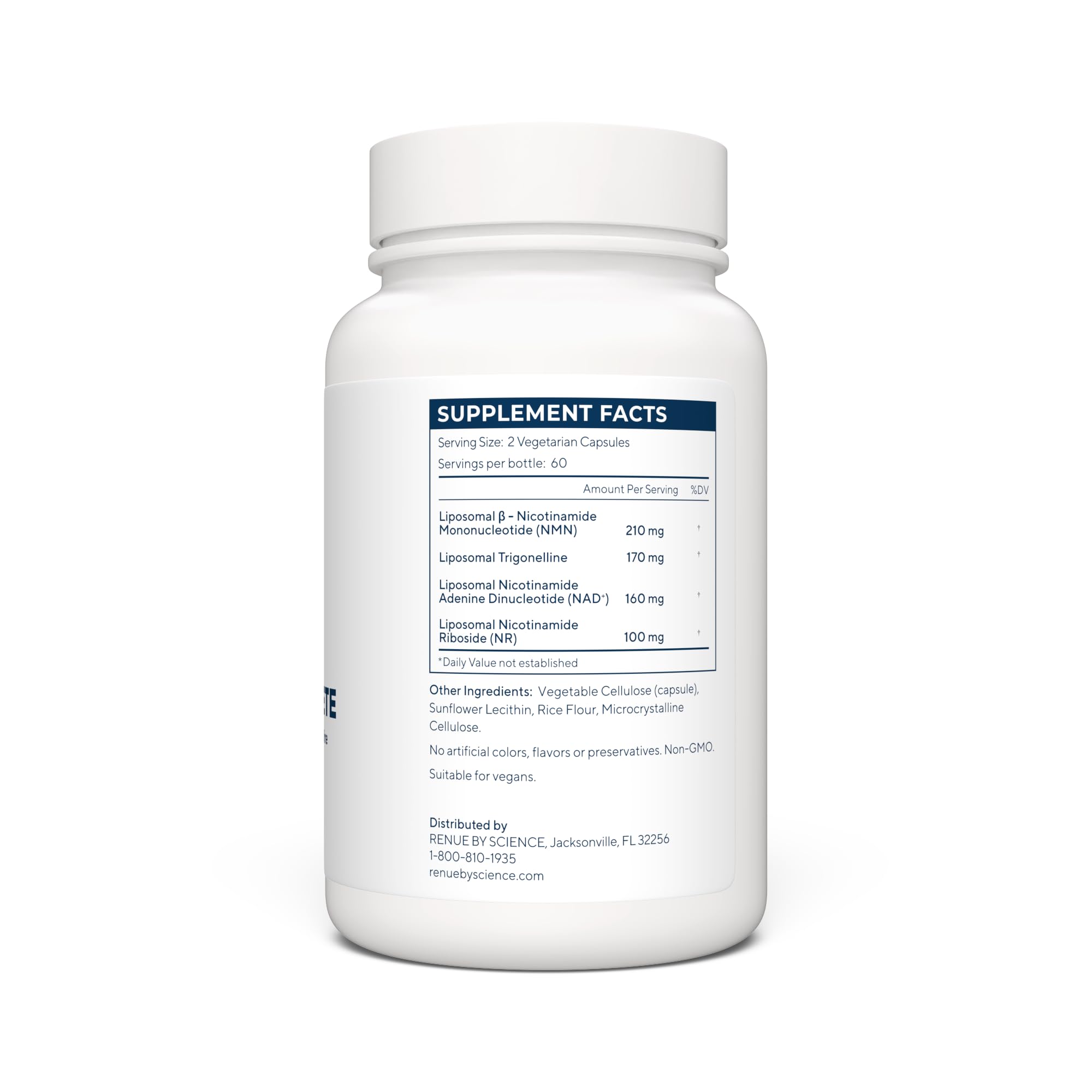 Renue By Science NAD+ Complete label showing NMN, NR and Trigonelline ingredients