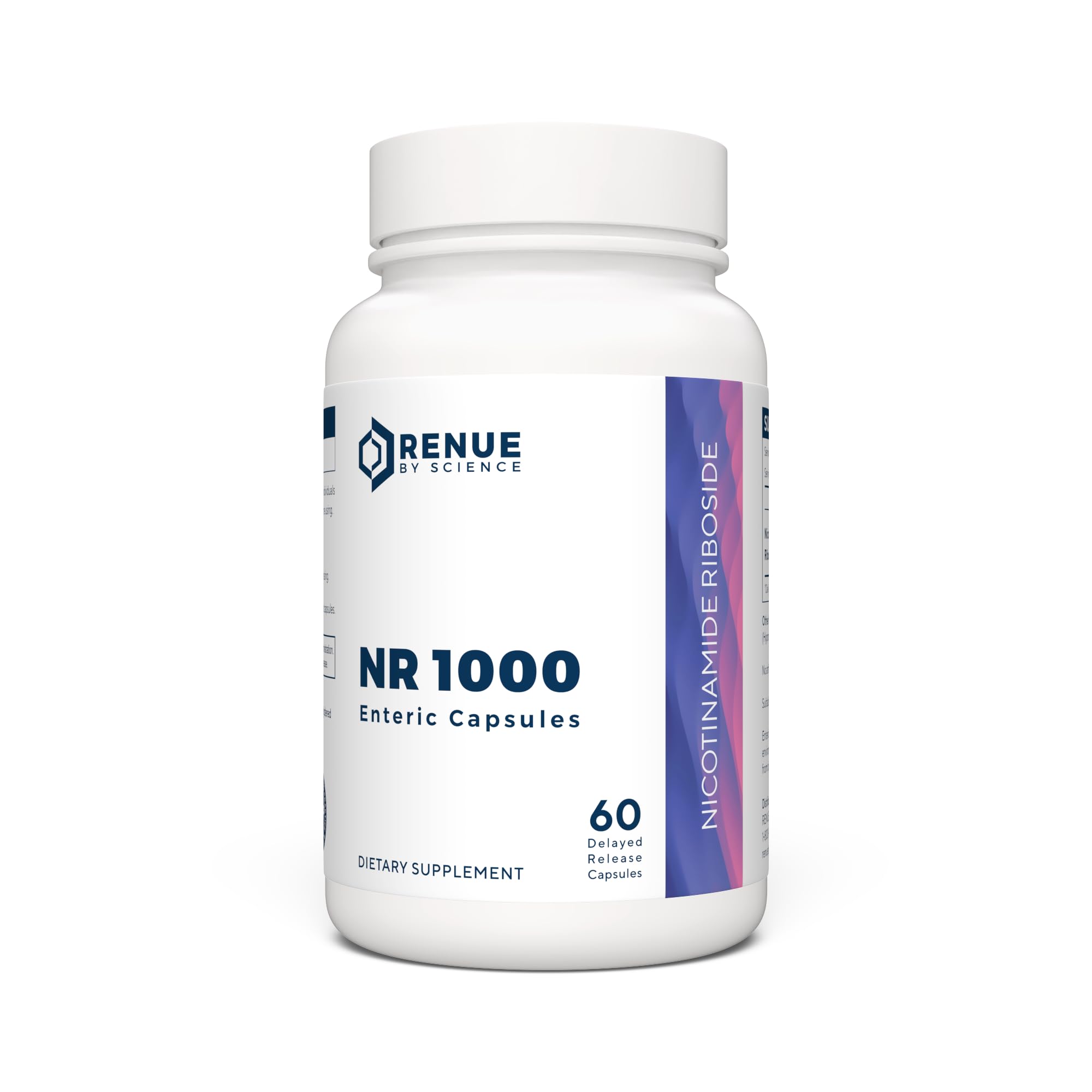 Renue By Science Nicotinamide Riboside bottle showing enteric-coated capsules for easy daily use and potential energy support.