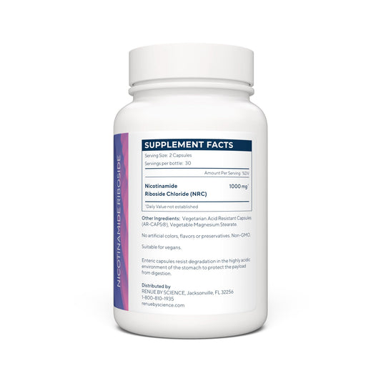 Close-up of Renue By Science Nicotinamide Riboside capsules highlighting high-strength NR content.