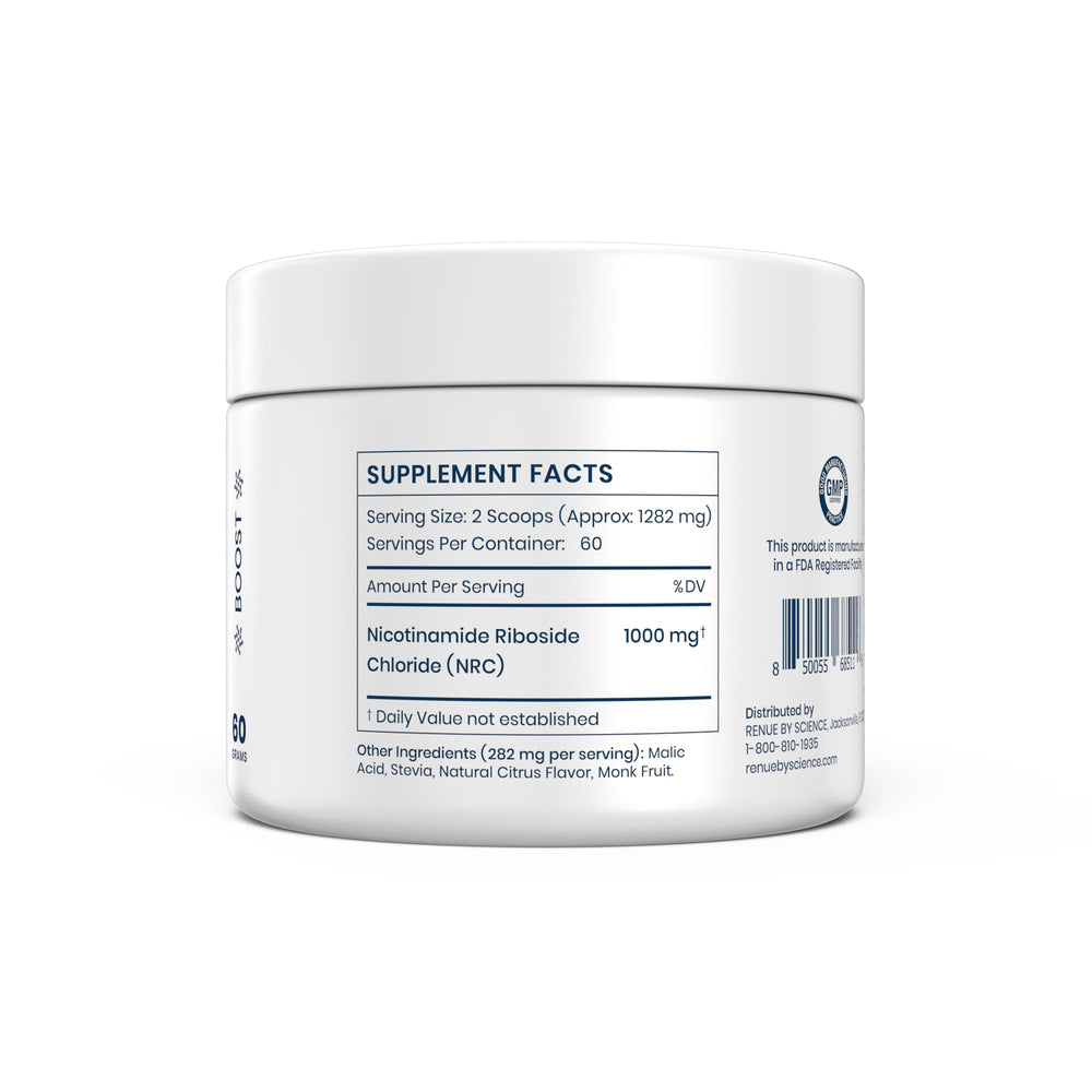 Renue By Science NR powder label closeup highlights purity and GMP compliance.