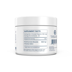 Renue By Science NR powder label closeup highlights purity and GMP compliance.