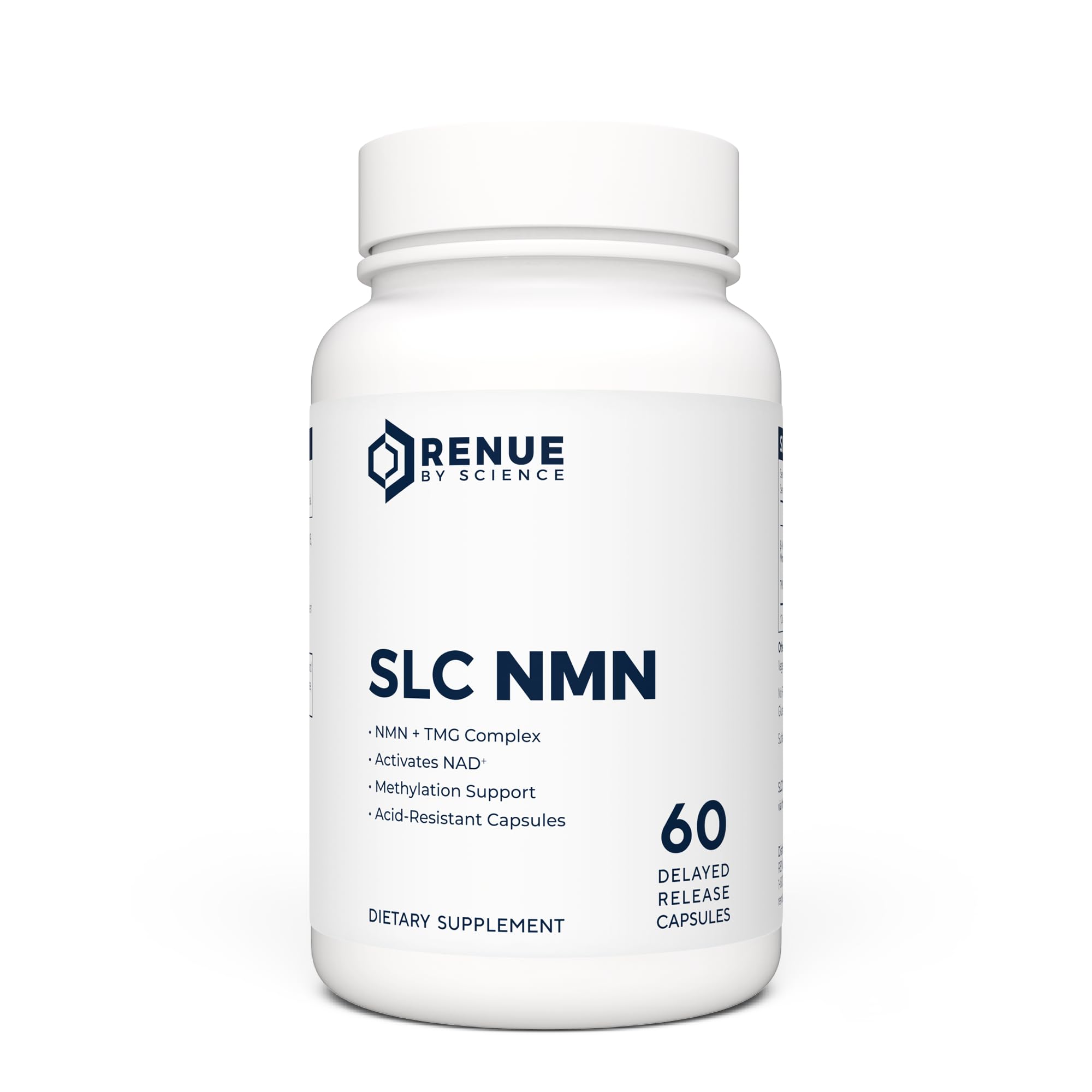 Renue By Science NMN bottle with delayed-release capsules for improved absorption.