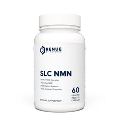 Renue By Science NMN bottle with delayed-release capsules for improved absorption.