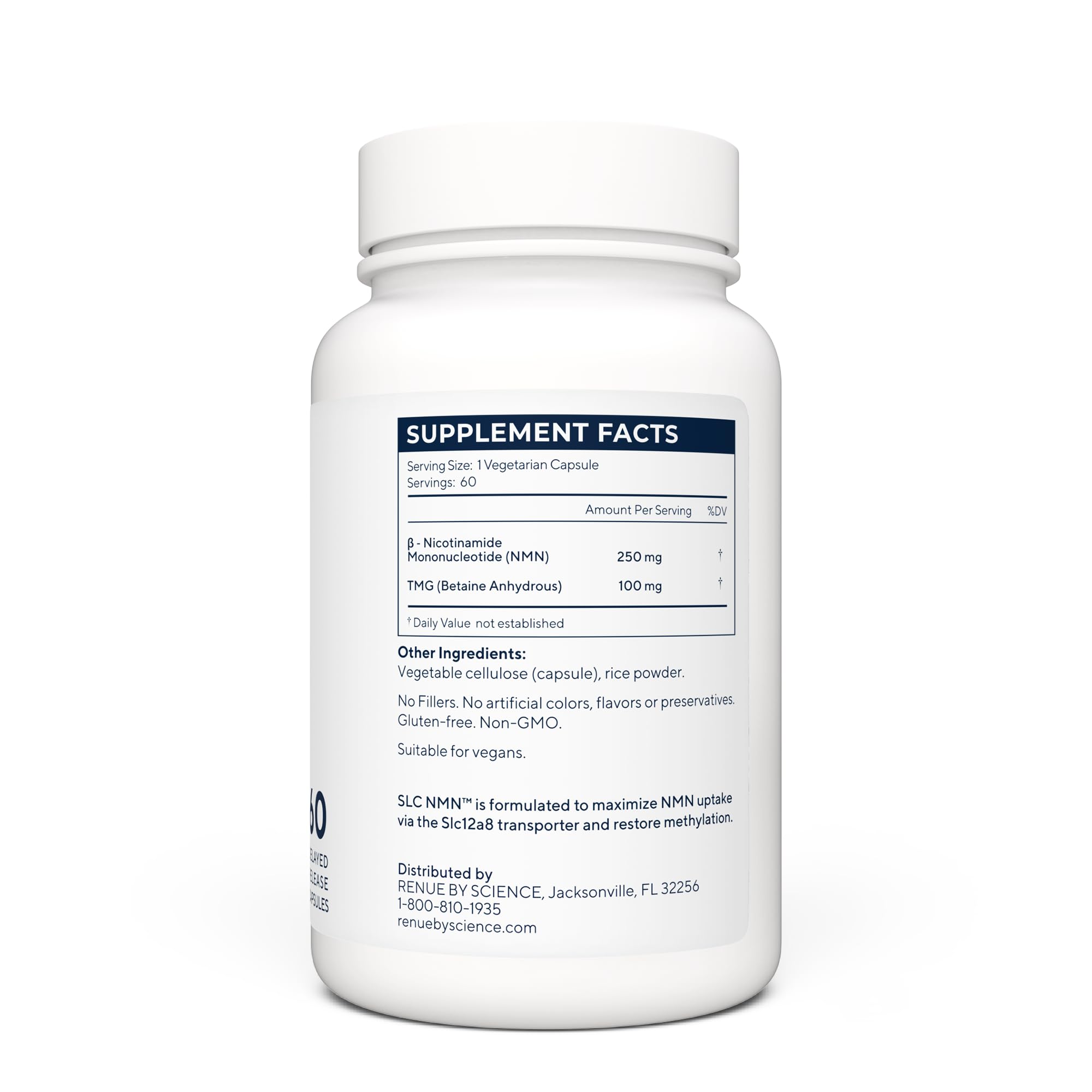 Renue By Science NMN packaging shown, highlighting GMP manufacturing quality.