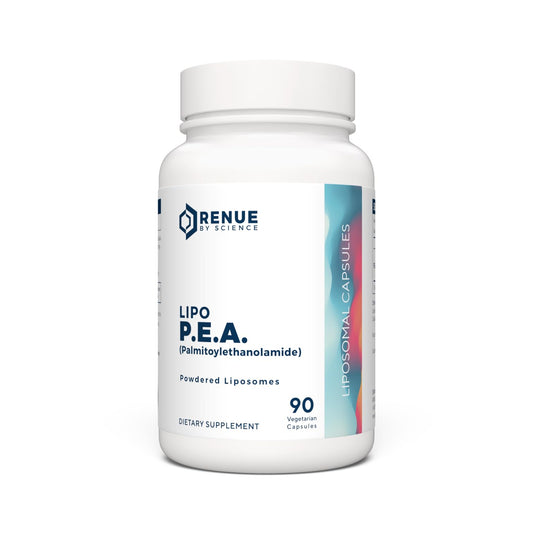 Renue By Science P.E.A liposomal bottle showing premium packaging for easy daily use.