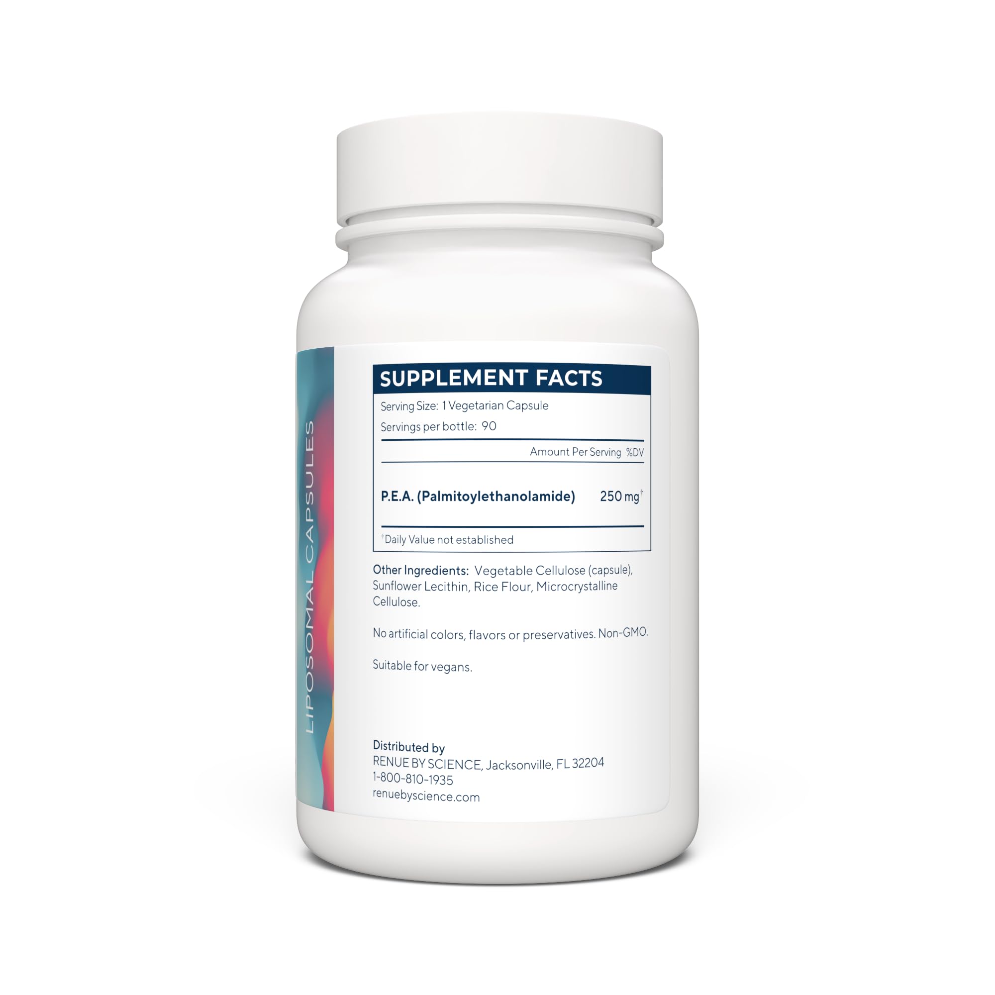 Renue By Science P.E.A liposomal capsules close-up emphasizing 250 mg per serving.