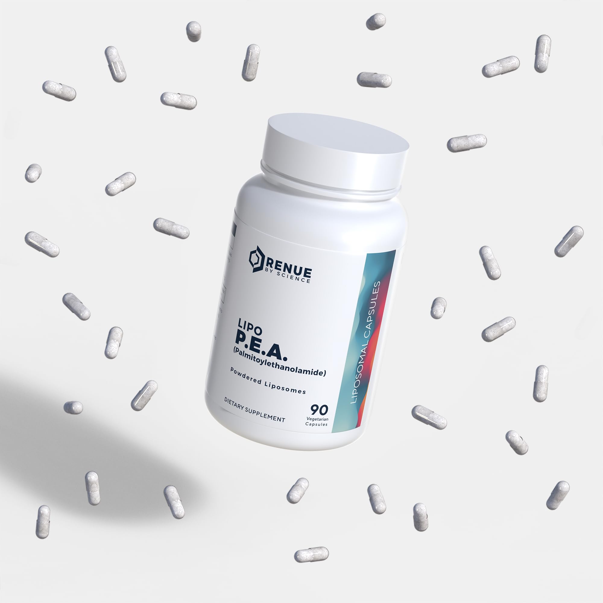 Renue By Science P.E.A bottle in use demonstrates simple daily supplementation.