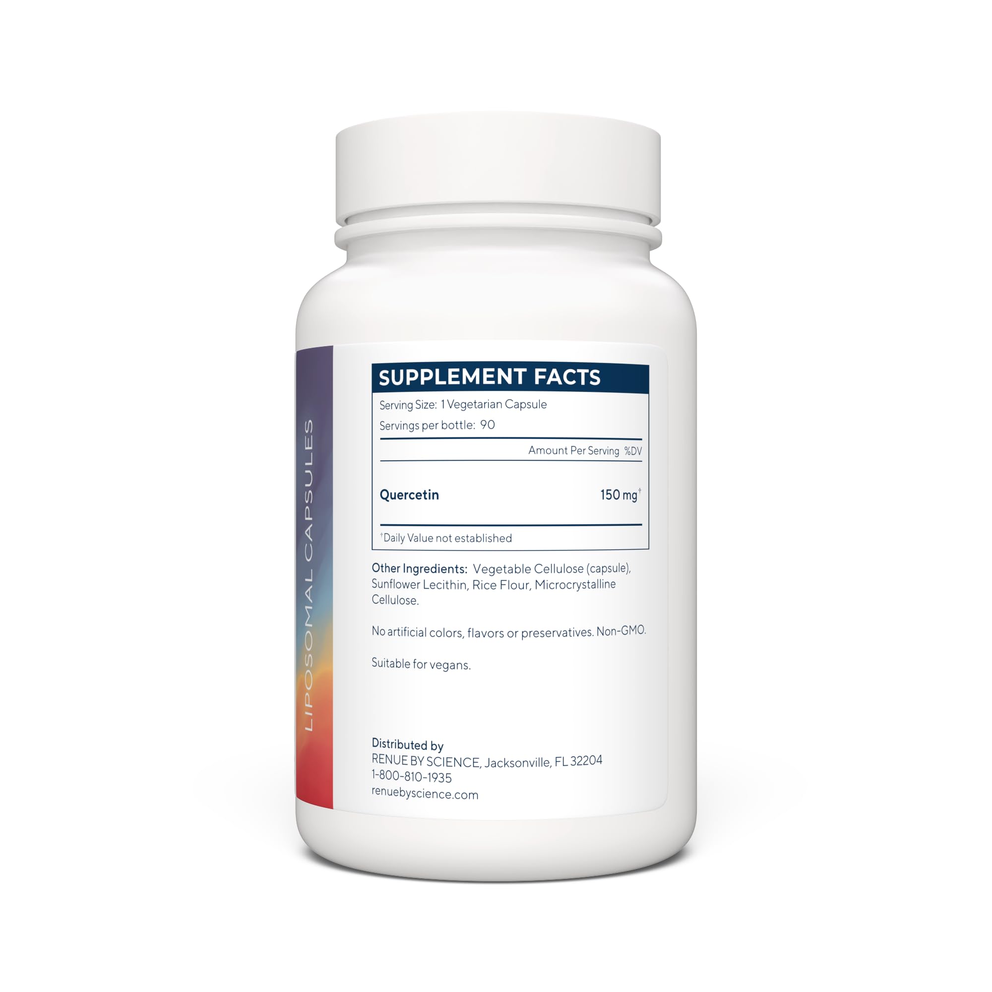 Renue By Science Quercetin capsules closeup showing 150 mg per serving