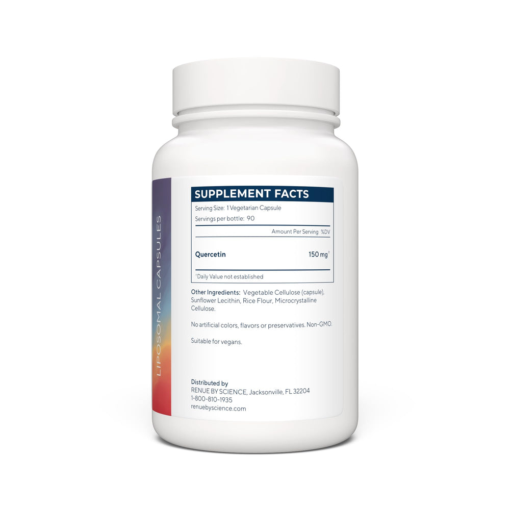 Renue By Science Quercetin capsules closeup showing 150 mg per serving