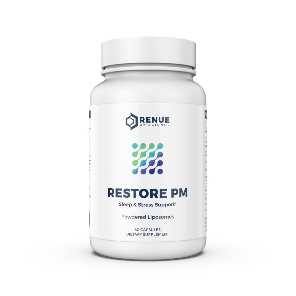 Renue By Science Restore PM bottle label highlights sleep support ingredients.