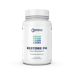 Renue By Science Restore PM bottle label highlights sleep support ingredients.