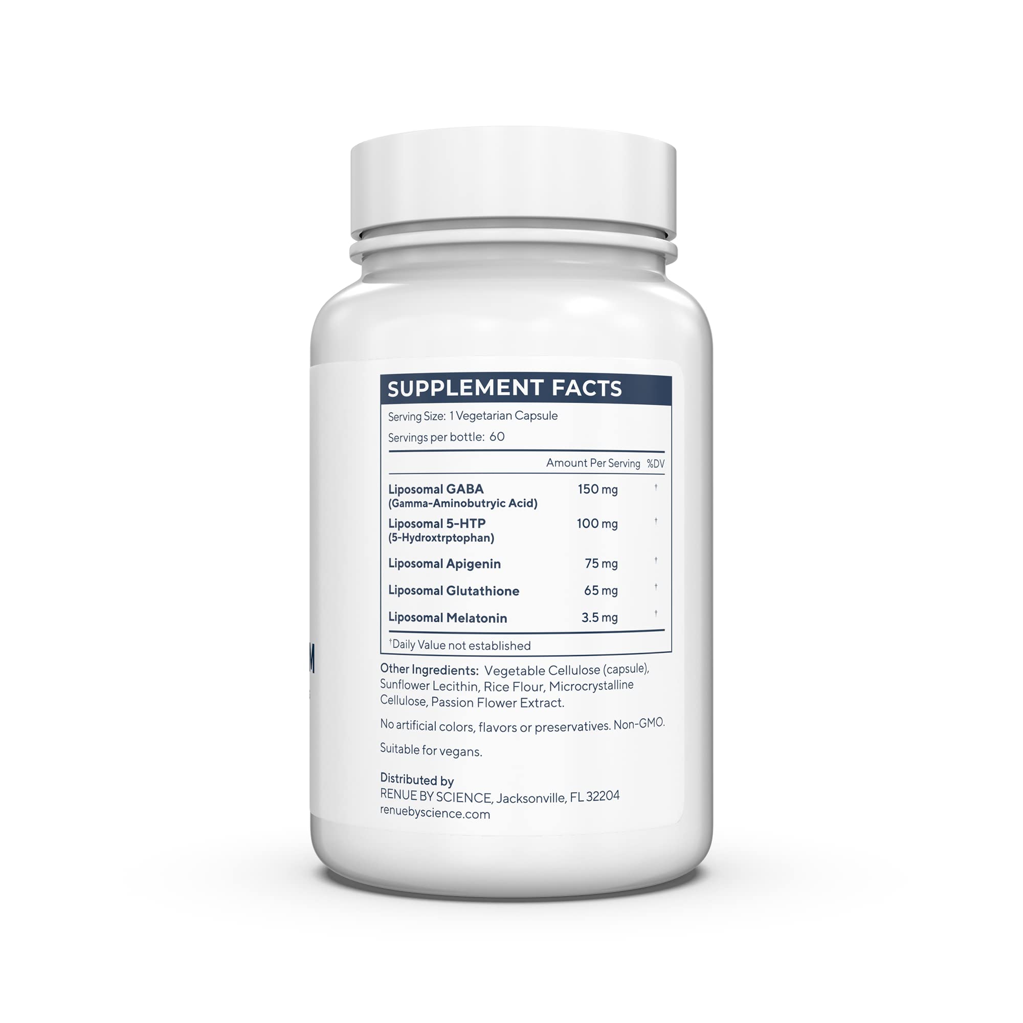 Renue By Science Restore PM capsules closeup reveals liposomal blend for restful nights.
