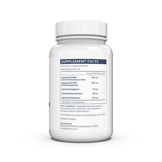 Renue By Science Restore PM capsules closeup reveals liposomal blend for restful nights.