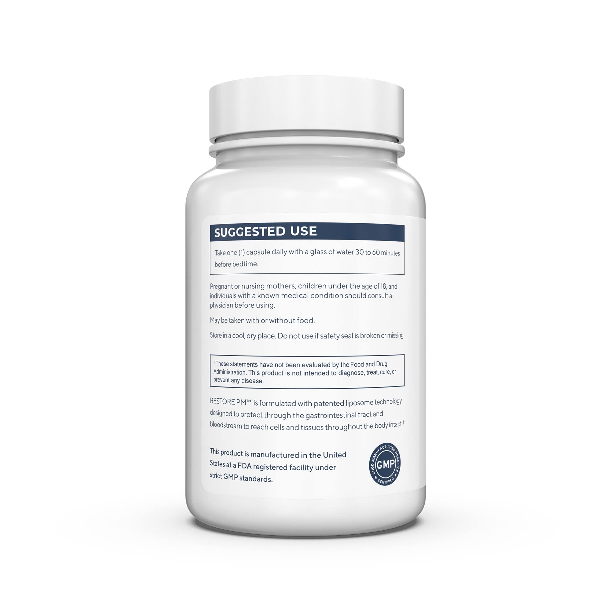 Renue By Science Restore PM ingredient visual emphasizes melatonin and GABA delivery.