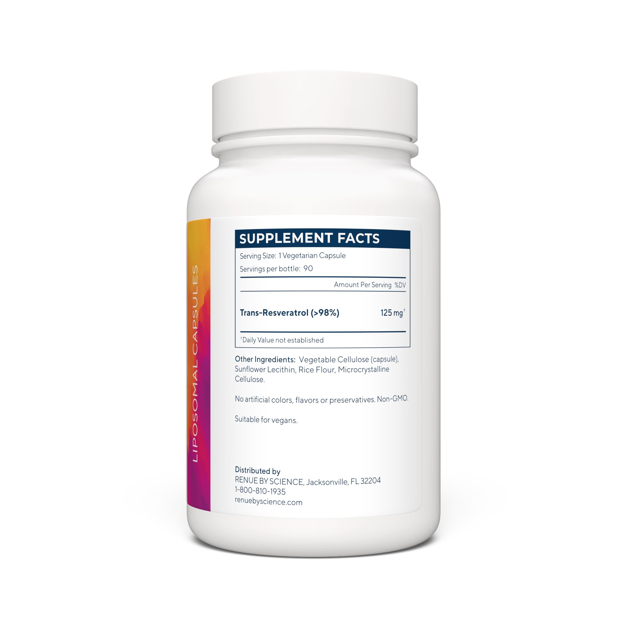 Renue By Science Resveratrol label close-up showing non-GMO claim.
