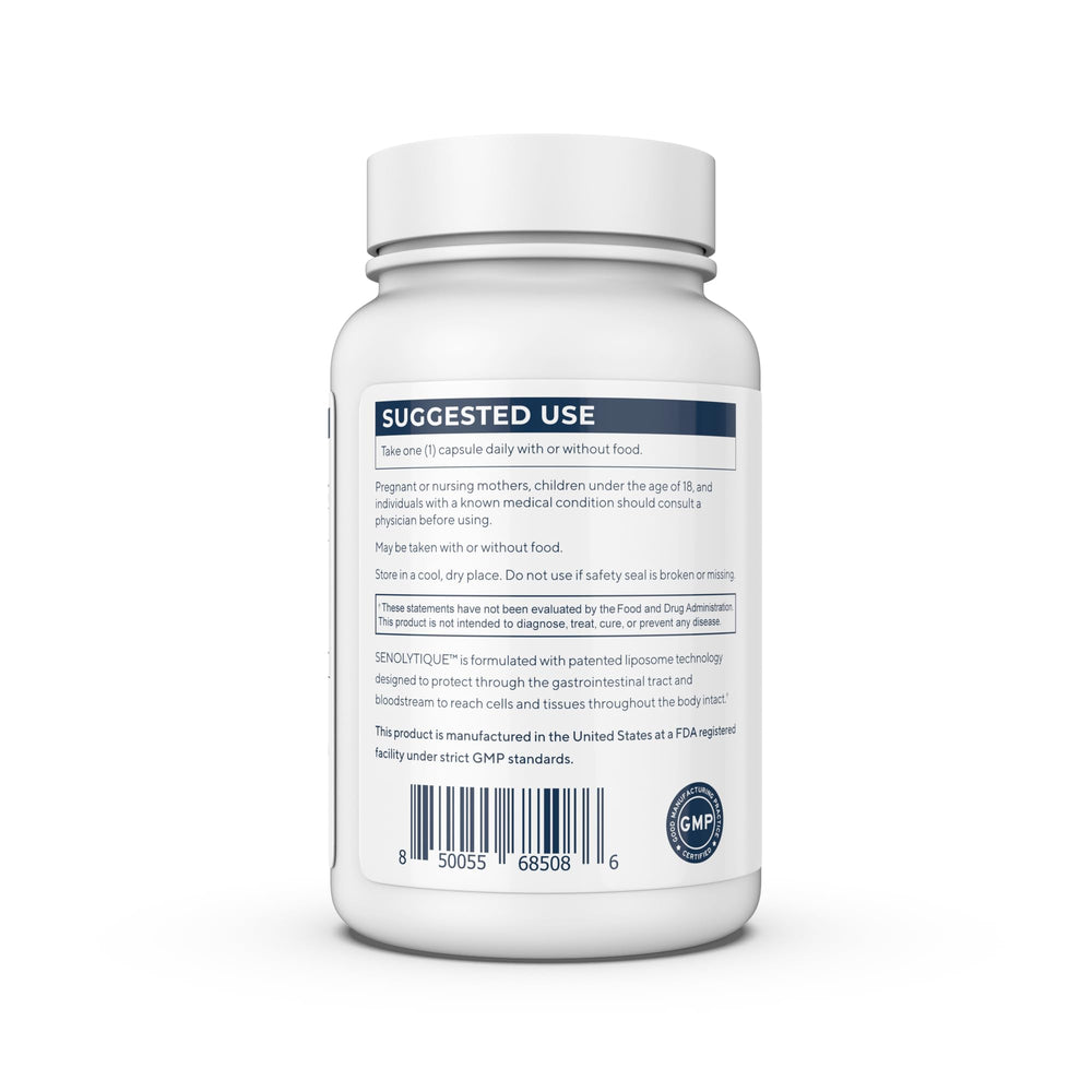 Renue By Science Senolytique capsules closeup highlighting easy daily supplementation