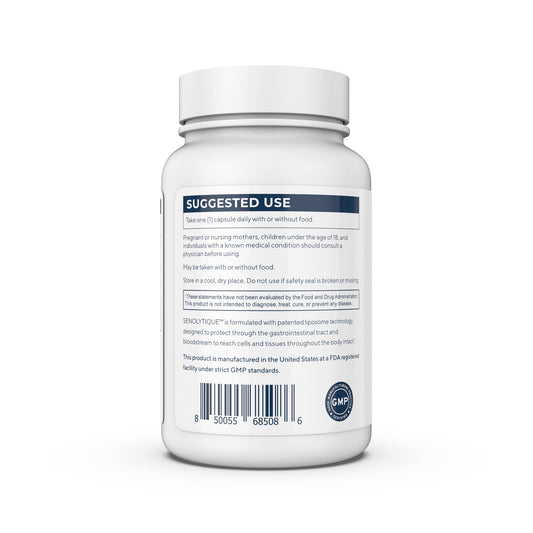 Renue By Science Senolytique capsules closeup highlighting easy daily supplementation