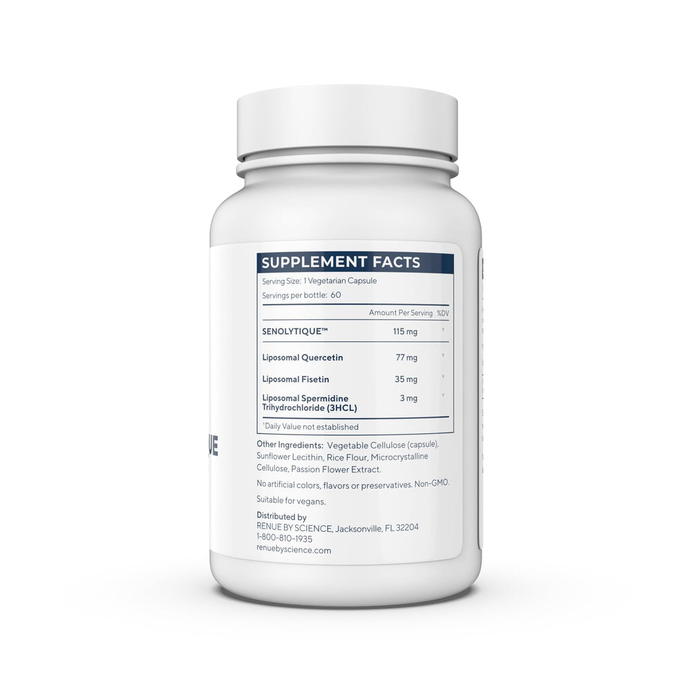 Renue By Science Senolytique label detail emphasizing GMP and USA manufacturing quality