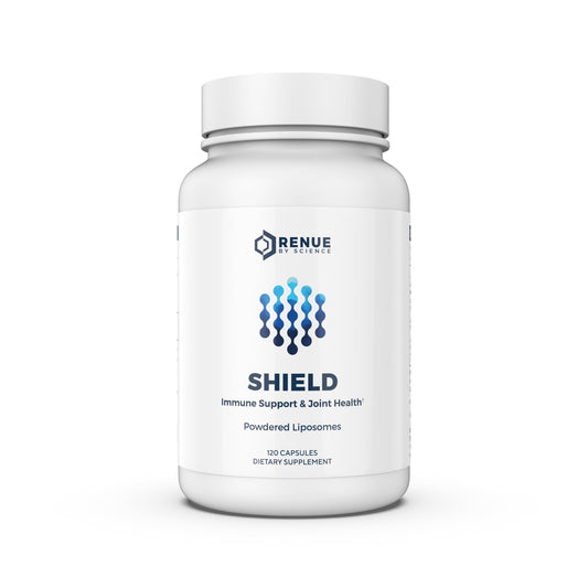 Renue By Science Shield bottle close-up showing liposomal delivery for absorption.