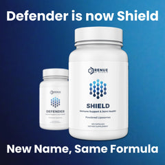 Renue By Science Shield capsules neatly arranged highlighting vitamin C benefits.