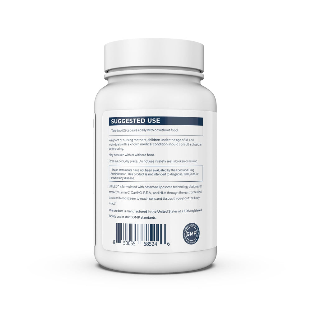 Renue By Science Shield label detail emphasizing CaAKG and hyaluronic acid components.