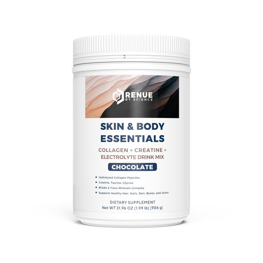 Renue By Science bottle showing the chocolate blend for daily collagen and hydration support.