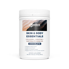 Renue By Science bottle showing the chocolate blend for daily collagen and hydration support.