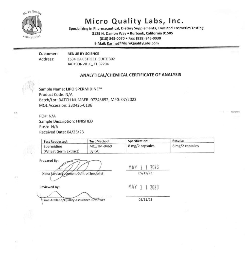 Renue By Science spermidine bottle shows Made in USA and third-party tested seals.