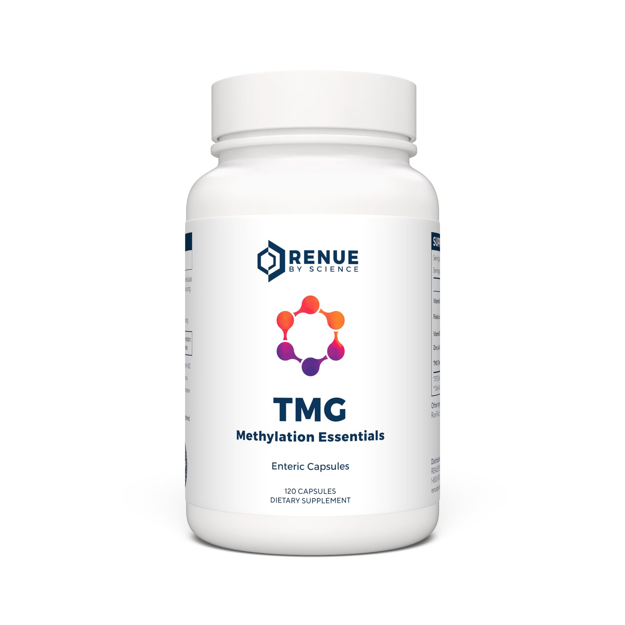 Renue By Science TMG bottle front highlighting 900 mg per serving for methylation support.