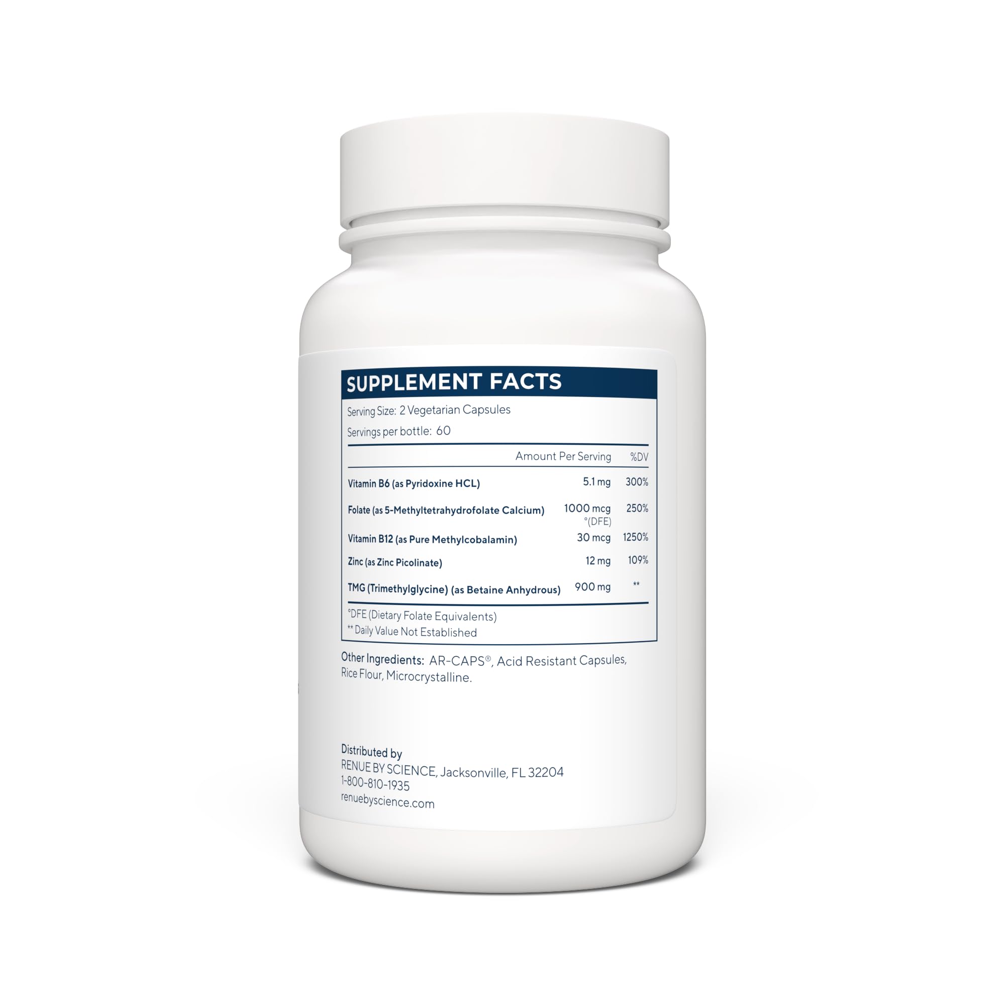 Renue By Science TMG capsules closeup showing zinc, folate, B12 and B6.