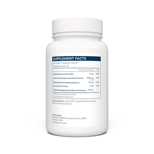Renue By Science TMG capsules closeup showing zinc, folate, B12 and B6.