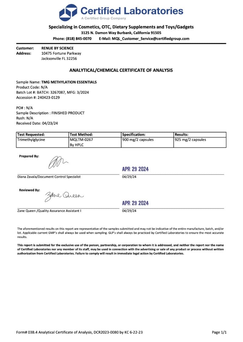 Renue By Science TMG enteric capsule demonstrating acid-resistant coating for delivery.