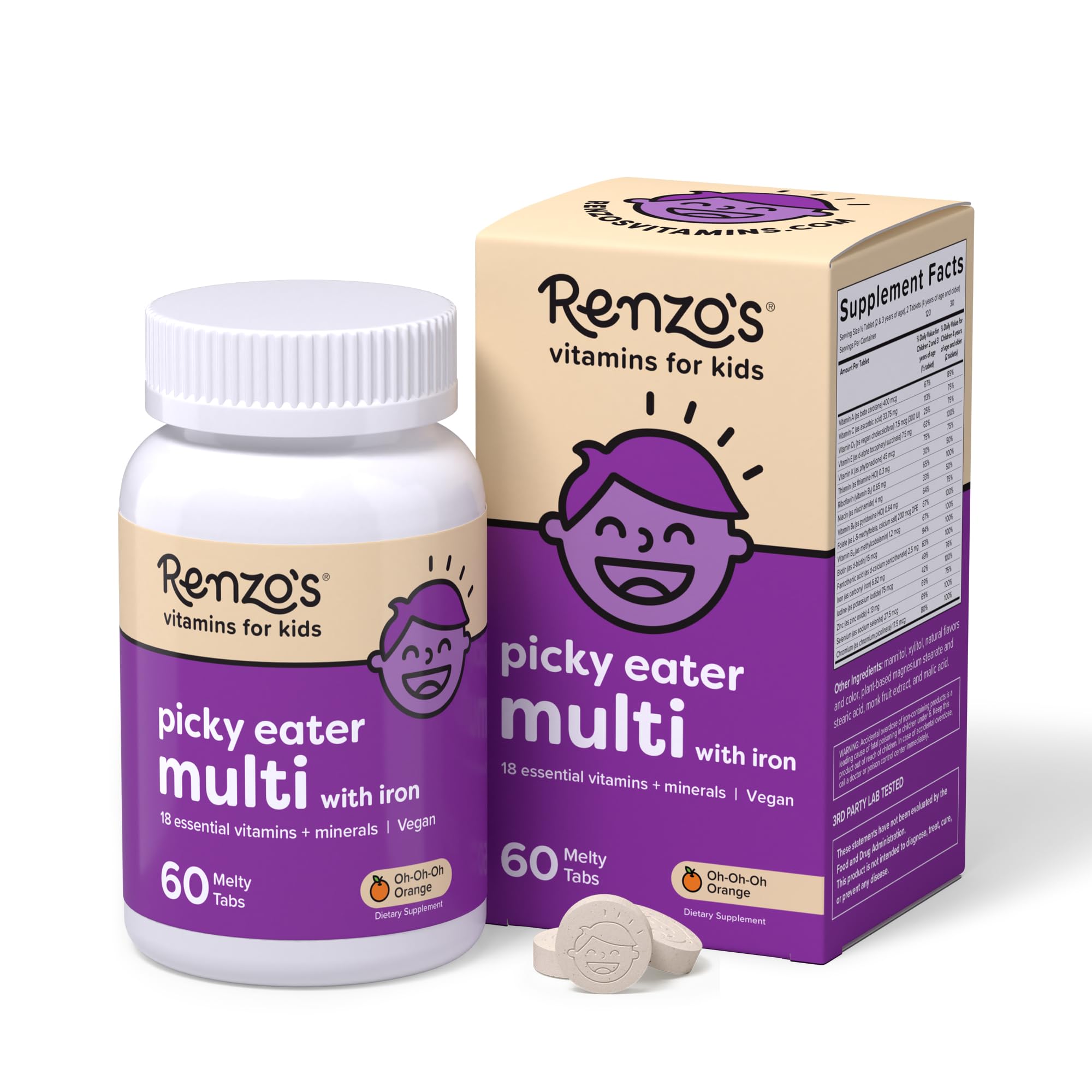 Renzo's Picky Eater melt tabs orange bottle for easy daily nutrition.