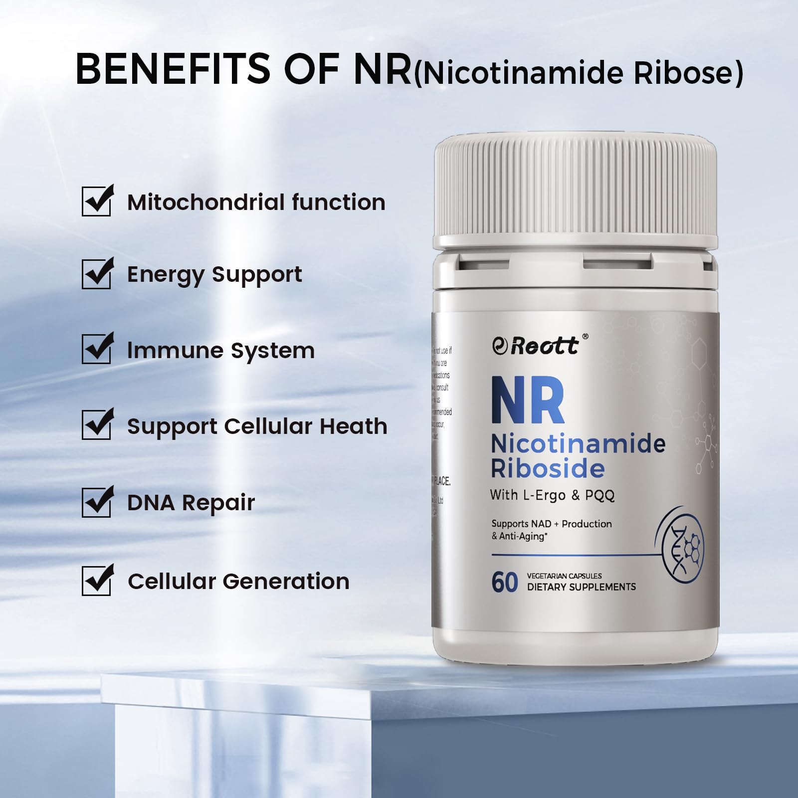 REOTT NR label close-up highlighting NAD+ boosting potential
