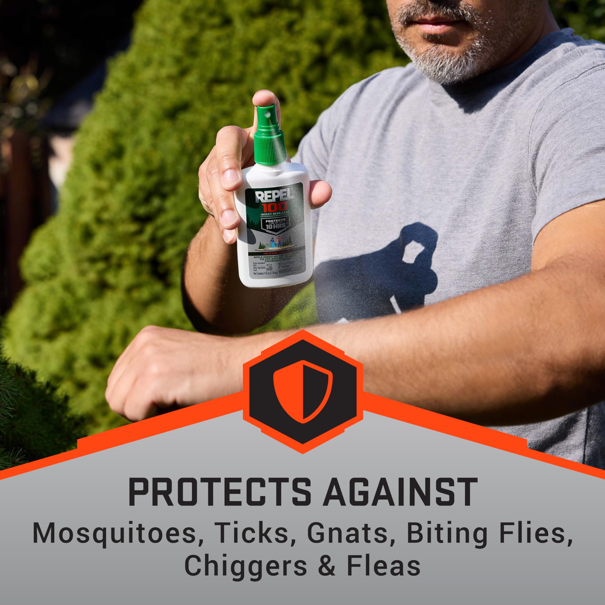 Applying Repel 100 during a hiking trip to stay bite-free.