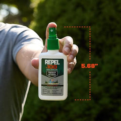 Side view of Repel 100 bottle with spray nozzle.