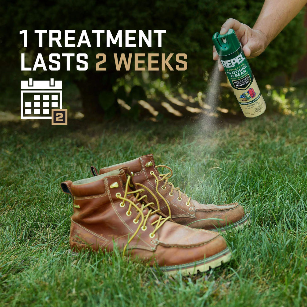 Repel Permethrin treats fabric to repel mosquitoes and ticks on gear.