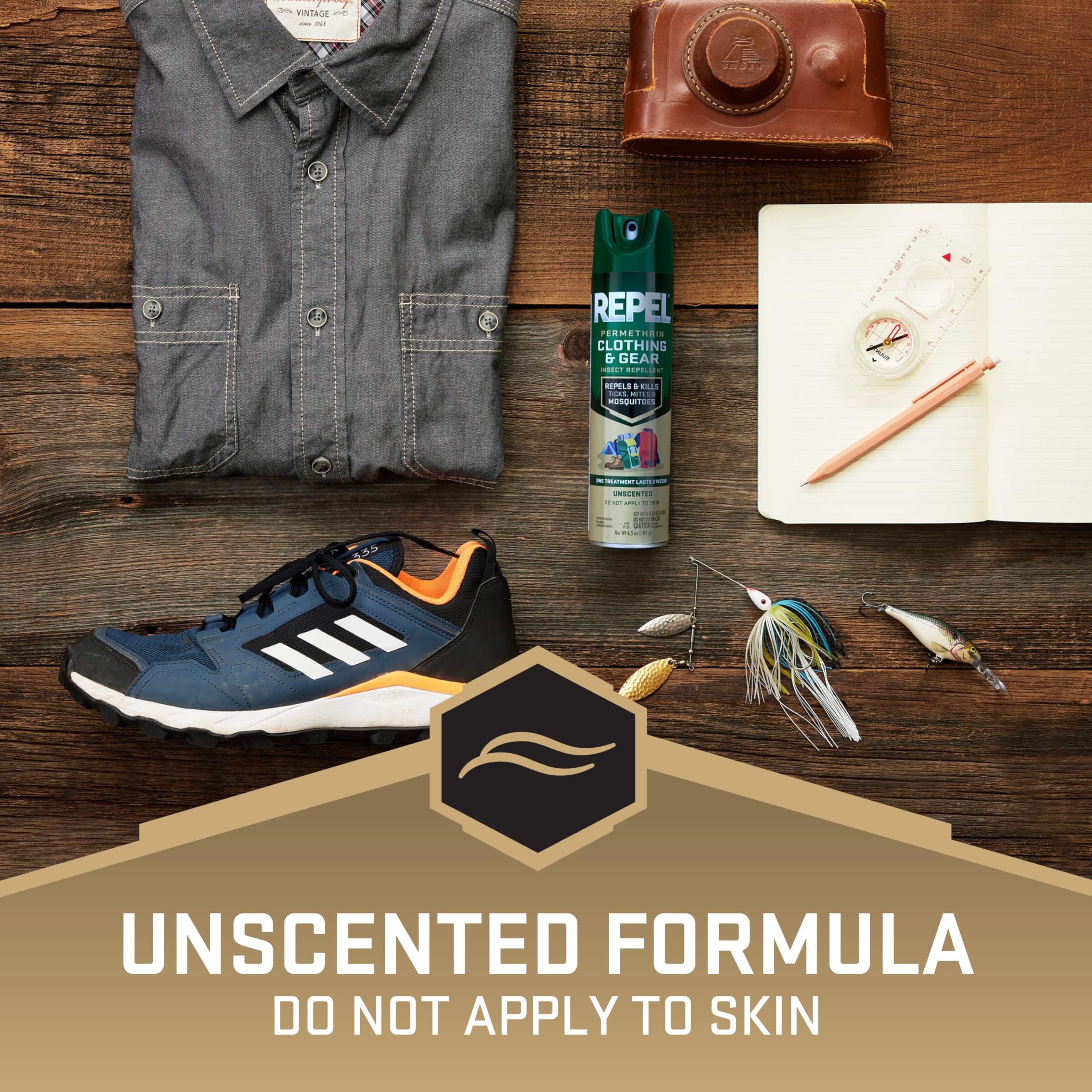 Repel Permethrin unscented spray keeps gear odor-free during trips.
