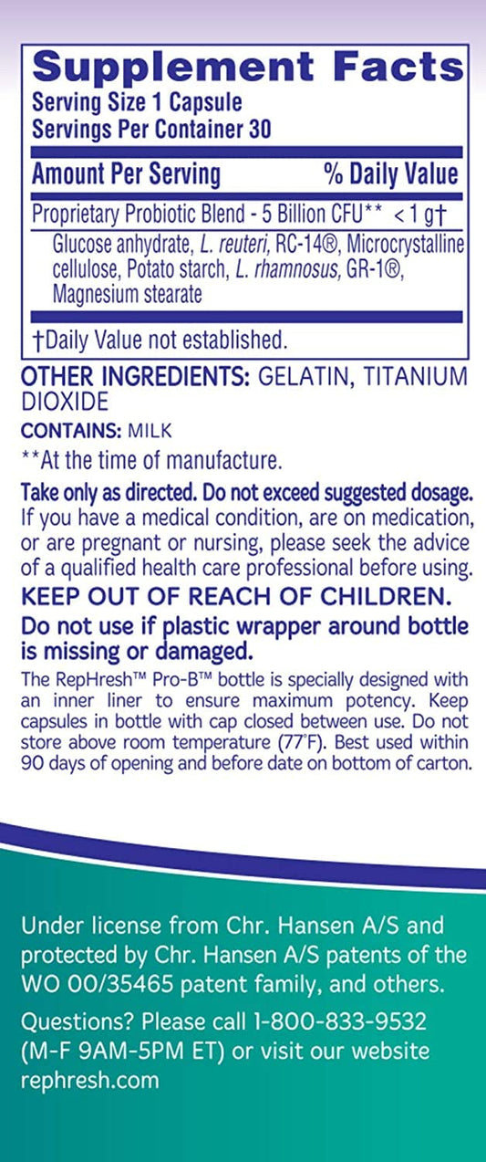 Close-up of RepHresh Pro-B capsules for daily use.
