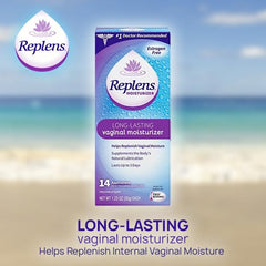 Clean bathroom shelf display featuring Replens products.