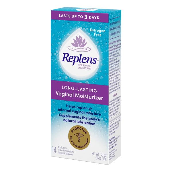 Replens packaging beside condom icon, compatibility with most condoms.