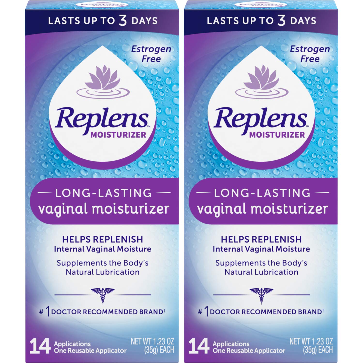 Replens packaging image: estrogen-free formula for discreet use.
