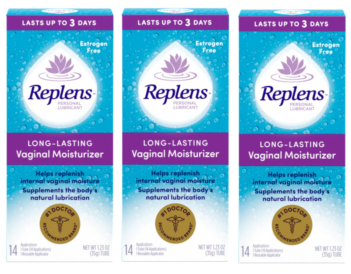 Replens 3-pack moisturizer tubes on display, promising long-lasting vaginal moisture.