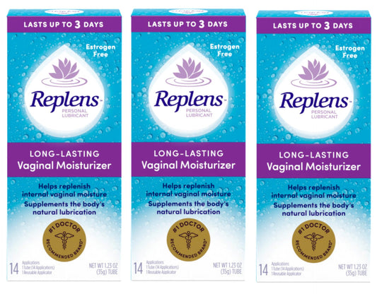 Replens 3-pack moisturizer tubes on display, promising long-lasting vaginal moisture.