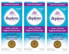 Replens 3-pack moisturizer tubes on display, promising long-lasting vaginal moisture.
