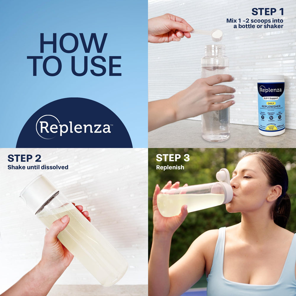 Glass of Replenza lemon drink dissolving in water for quick hydration.